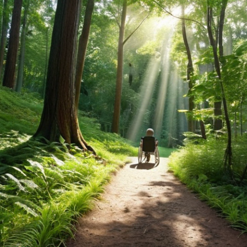 Home 19 **
A serene forest path with a person in a wheelchair using a ramp. Lush greenery surrounds the accessible trail. Sunlight filters through the trees.
**
