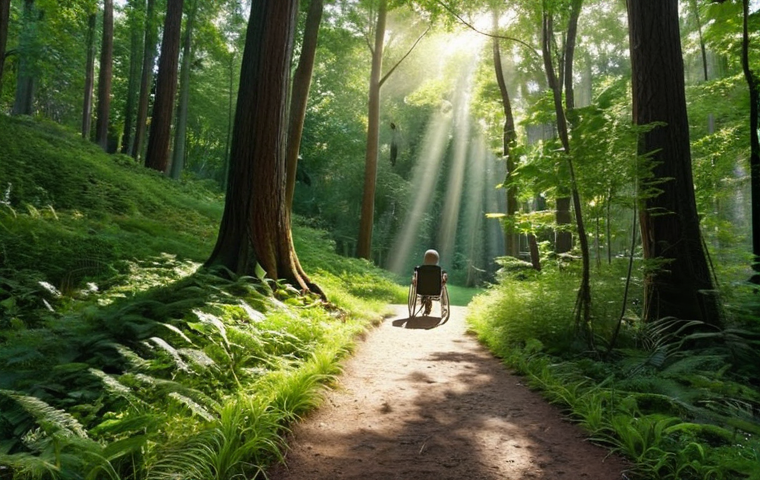 **
A serene forest path with a person in a wheelchair using a ramp. Lush greenery surrounds the accessible trail. Sunlight filters through the trees.
**