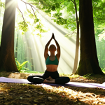 A serene forest scene with sunlight filtering through the leaves, depicting a person practicing yoga. The image should evoke feelings of peace, happiness, and stress relief. Focus on the green environment.
