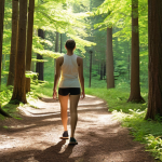 **

A serene forest scene. A person is mindfully walking on a sun-dappled forest path. Focus on the tranquility, the dappled light filtering through the trees, and the person's relaxed posture. Soft, natural lighting, focus on the texture of the forest floor and tree bark. Emphasize the feeling of stress relief and connection to nature. Include elements of "Green Exercise Prescription"

**