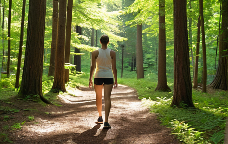 **
A serene forest scene. A person is mindfully walking on a sun-dappled forest path. Focus on the tranquility, the dappled light filtering through the trees, and the person's relaxed posture. Soft, natural lighting, focus on the texture of the forest floor and tree bark. Emphasize the feeling of stress relief and connection to nature. Include elements of "Green Exercise Prescription"
**