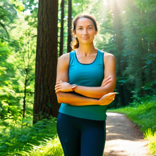 Home 8 A calm woman, fully clothed in modest, comfortable athletic wear, standing peacefully on a sun-dappled forest path. Lush green trees surround her, with soft sunlight filtering through the canopy. She has a serene expression, with perfect anatomy, natural pose, correct proportions, well-formed hands, and proper finger count. The atmosphere is tranquil and healing, evoking stress reduction and mental clarity. Professional outdoor photography, high quality, realistic, vibrant colors, safe for work, appropriate content, fully clothed, family-friendly.