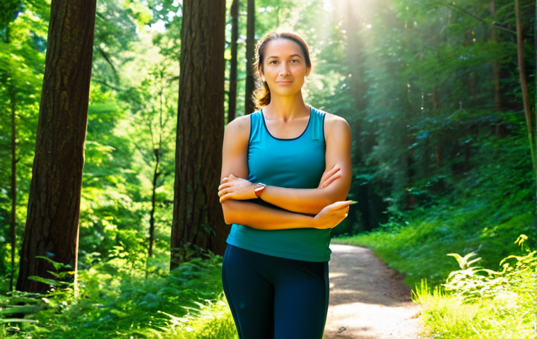 A calm woman, fully clothed in modest, comfortable athletic wear, standing peacefully on a sun-dappled forest path. Lush green trees surround her, with soft sunlight filtering through the canopy. She has a serene expression, with perfect anatomy, natural pose, correct proportions, well-formed hands, and proper finger count. The atmosphere is tranquil and healing, evoking stress reduction and mental clarity. Professional outdoor photography, high quality, realistic, vibrant colors, safe for work, appropriate content, fully clothed, family-friendly.
